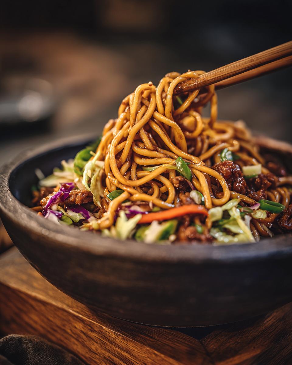 Close-up of a Potsticker Noodle Bowl with Pork & Cabbage Slaw, with chopsticks lifting noodles.