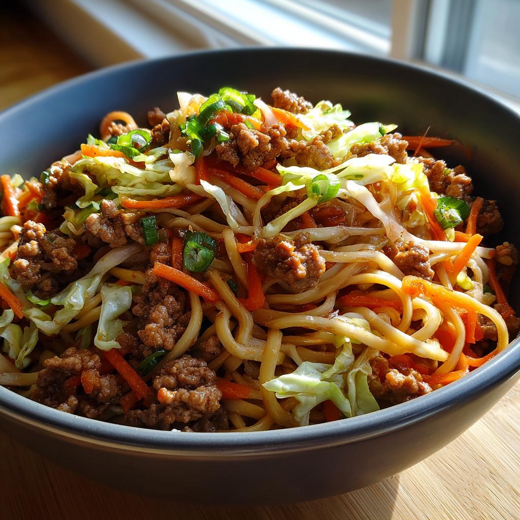 A close-up of a Potsticker Noodle Bowl with Pork & Cabbage Slaw, featuring noodles, ground pork, shredded carrots, and cabbage, topped with green onions.