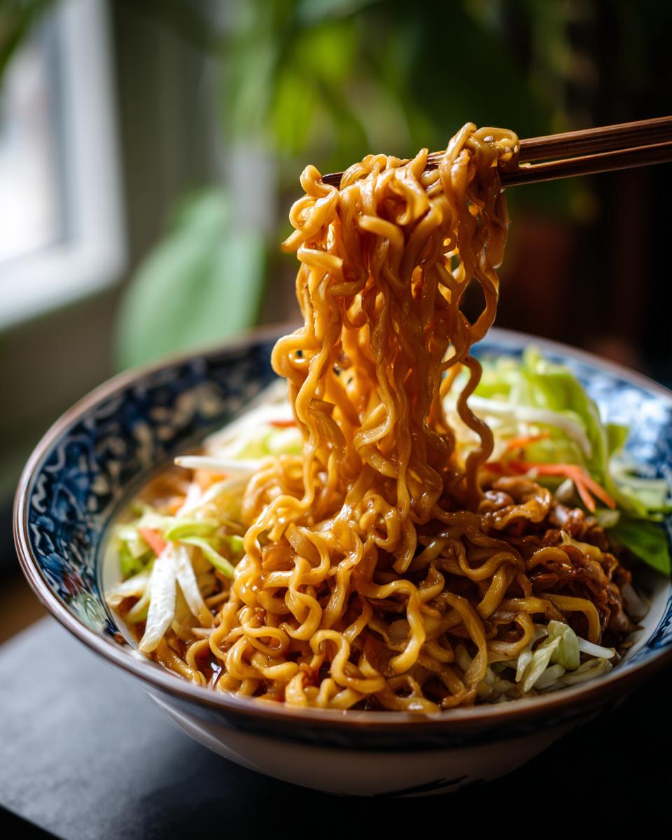 Close-up of chopsticks lifting saucy noodles from a Potsticker Noodle Bowl with Pork & Cabbage Slaw.