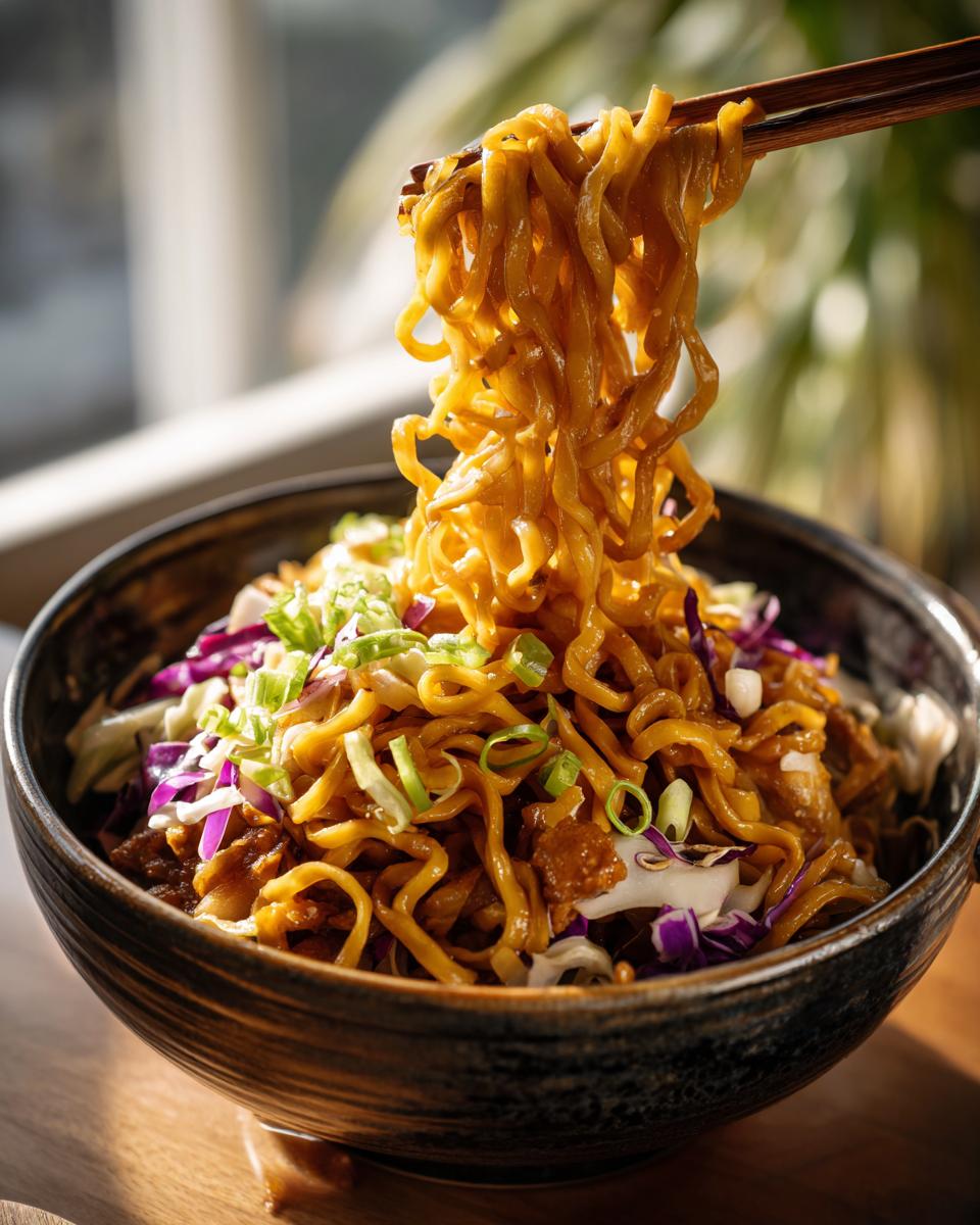 A close-up shot of a delicious Potsticker Noodle Bowl with pork and cabbage slaw, with noodles being lifted by chopsticks.