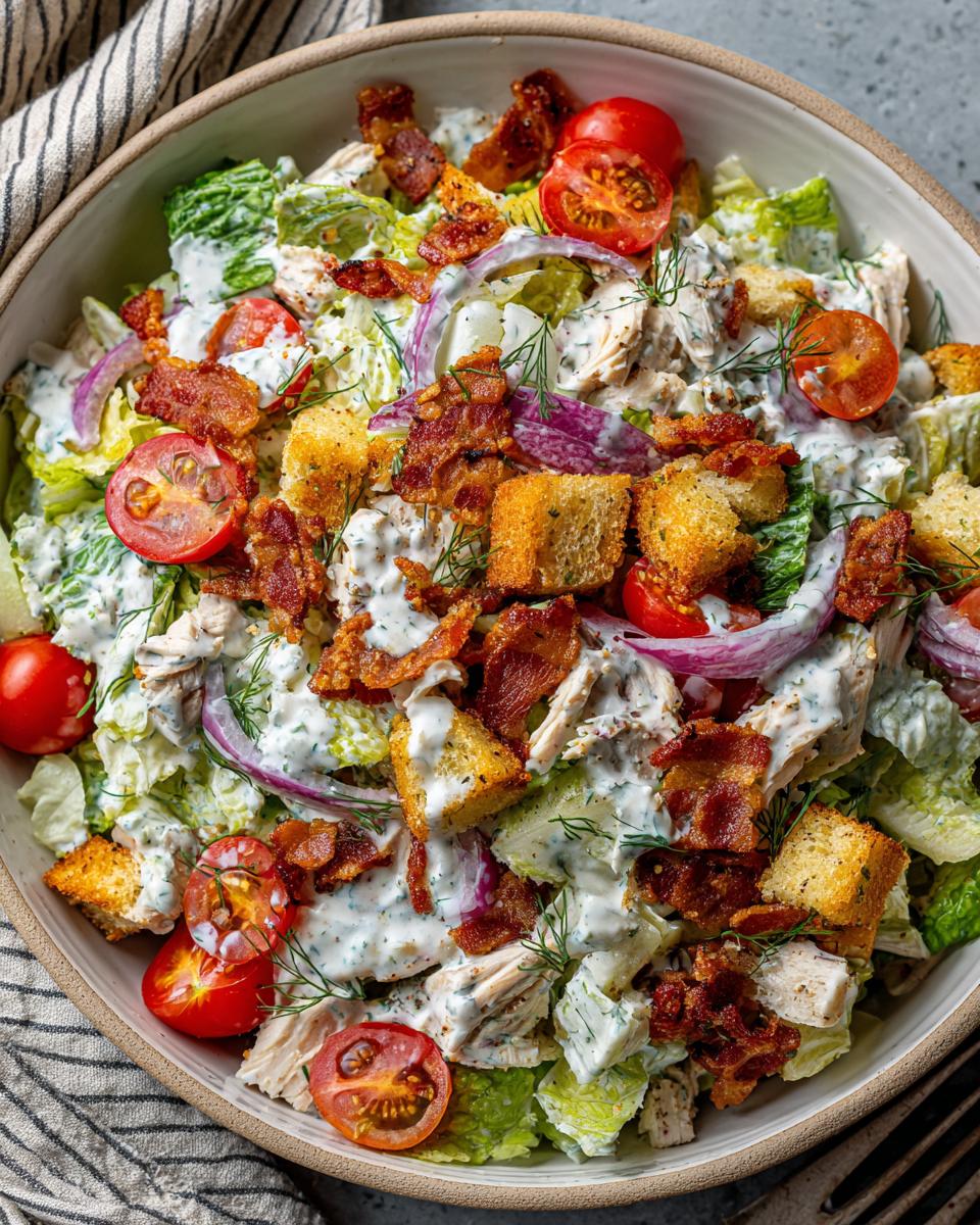 A close-up overhead view of a delicious Ranch BLT Salad featuring crisp lettuce, crumbled bacon, cherry tomatoes, red onion, and croutons.