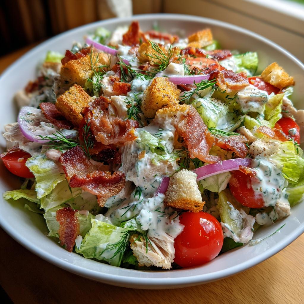 A close-up of a bowl filled with crisp Ranch BLT Salad, featuring lettuce, bacon, croutons, cherry tomatoes, and red onion.