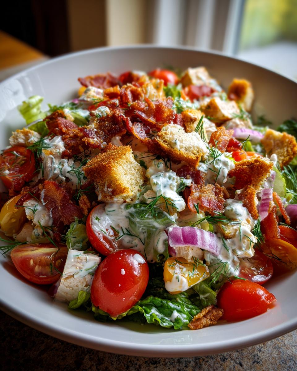 A close-up of a refreshing Ranch BLT Salad, featuring crisp lettuce, cherry tomatoes, crunchy croutons, and savory bacon bits.