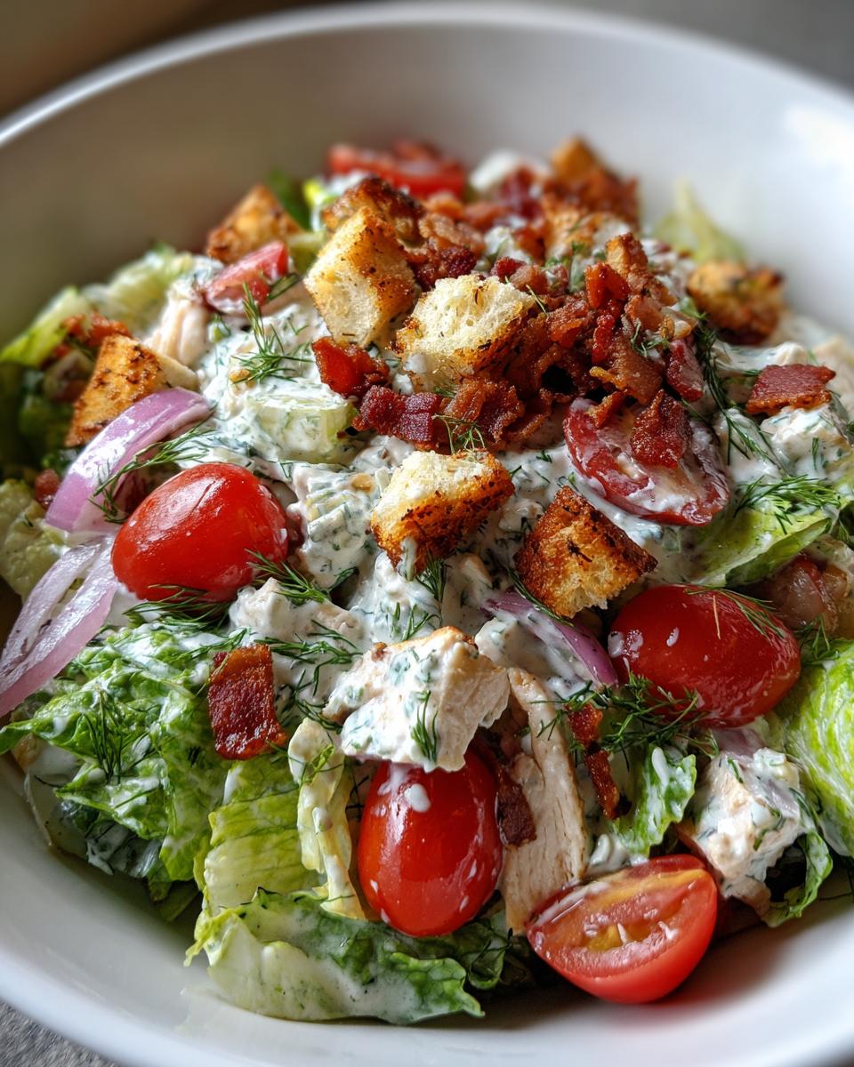A refreshing Ranch BLT Salad with crisp lettuce, cherry tomatoes, bacon, croutons, and chicken.