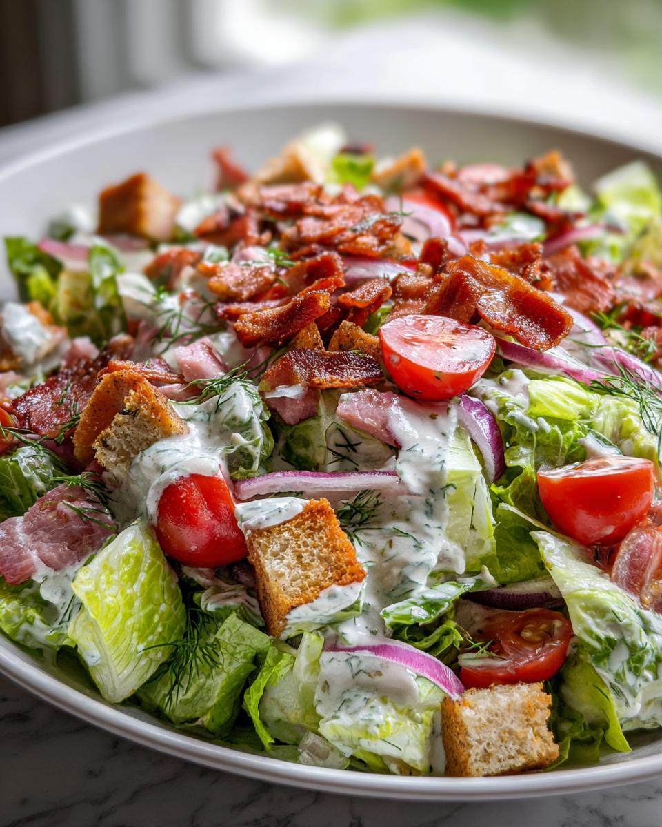 A close-up of a refreshing Ranch BLT Salad, featuring crisp lettuce, bacon, tomatoes, croutons, and creamy ranch dressing.