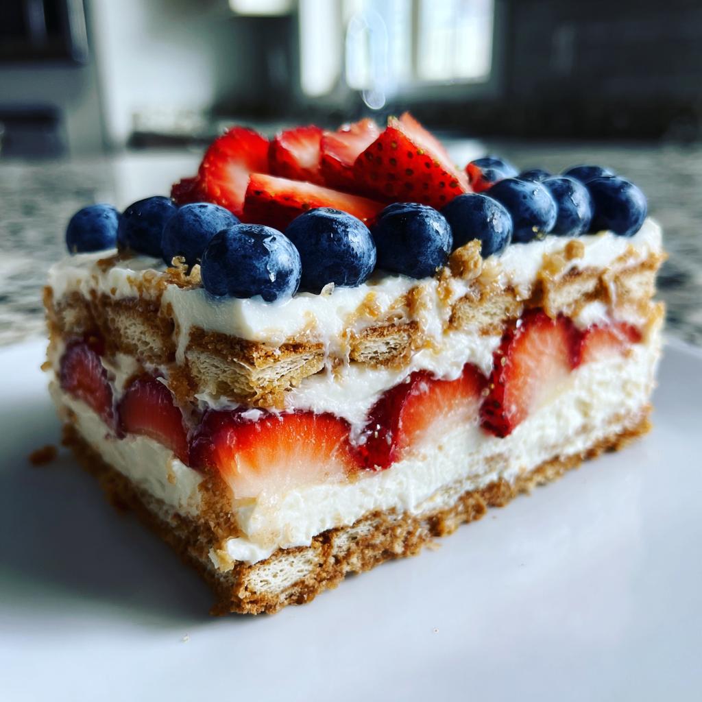 A slice of Fourth of July Red White Blue Icebox Cake topped with fresh strawberries and blueberries.