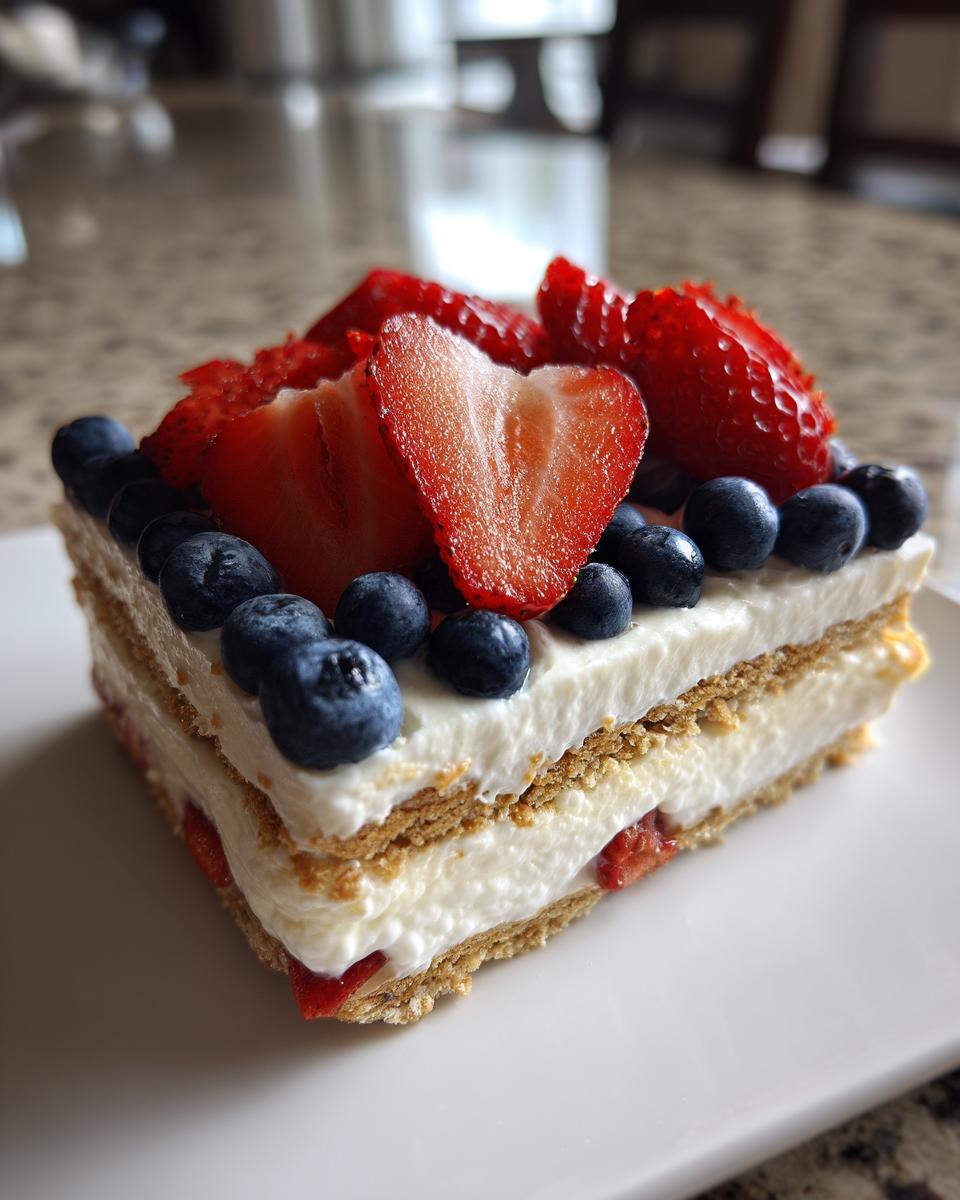 A slice of red white and blue icebox cake topped with fresh strawberries and blueberries.
