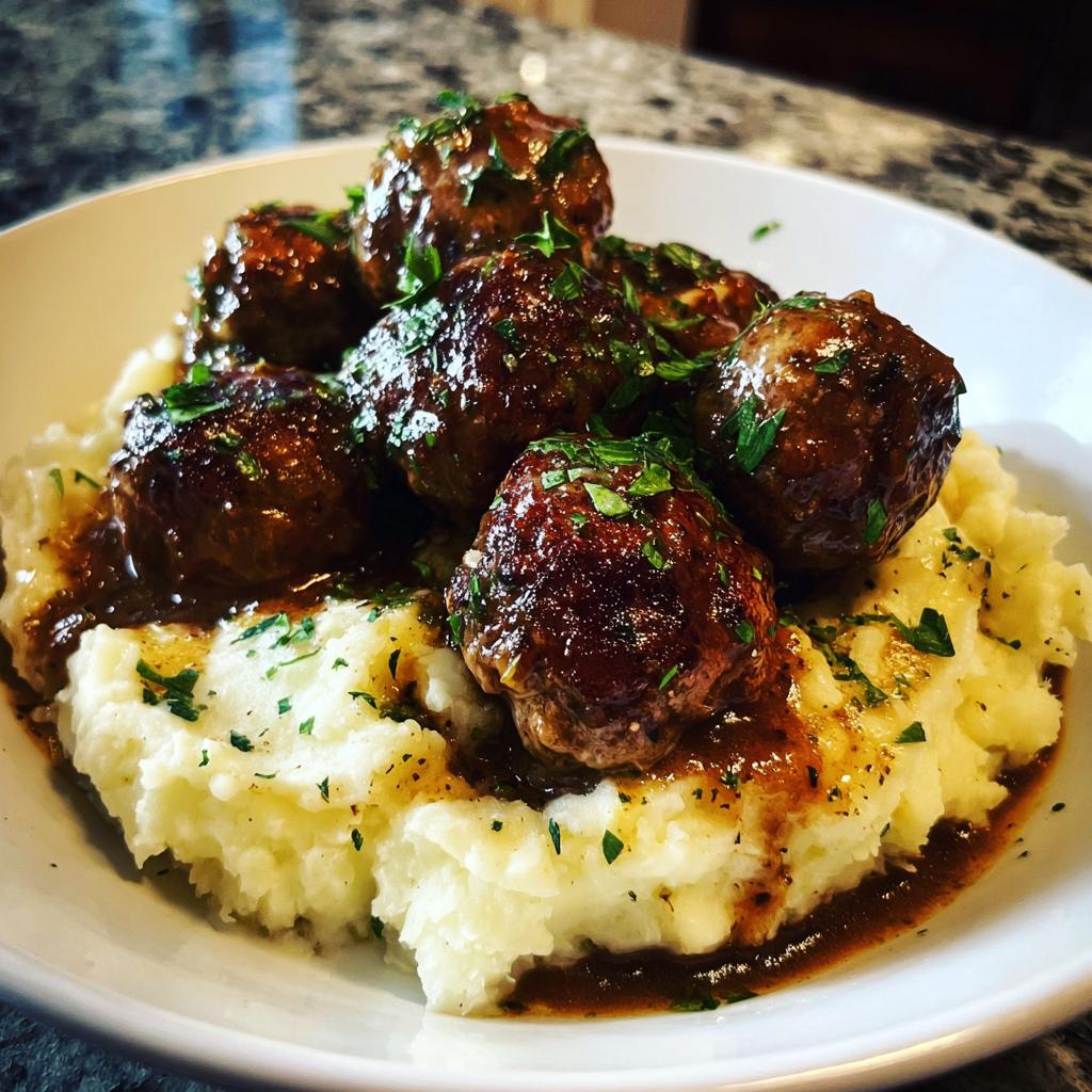 Hearty Salisbury Steak Meatballs served over creamy Garlic Herb Mashed Potatoes, garnished with fresh parsley.