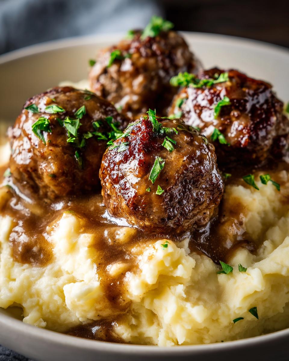 Close-up of Salisbury Steak Meatballs smothered in gravy, served over creamy Garlic Herb Mashed Potatoes and garnished with parsley.