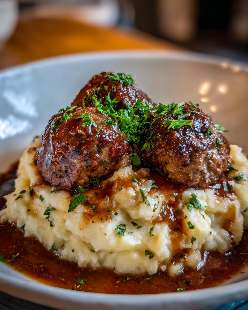 Close-up of Salisbury Steak Meatballs served over creamy Garlic Herb Mashed Potatoes, drizzled with rich gravy and garnished with parsley.