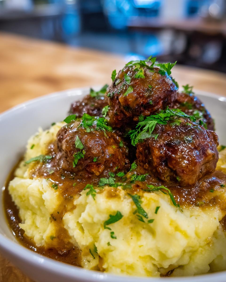 A close-up of Salisbury Steak Meatballs nestled in creamy Garlic Herb Mashed Potatoes, drizzled with rich brown gravy and garnished with fresh parsley.