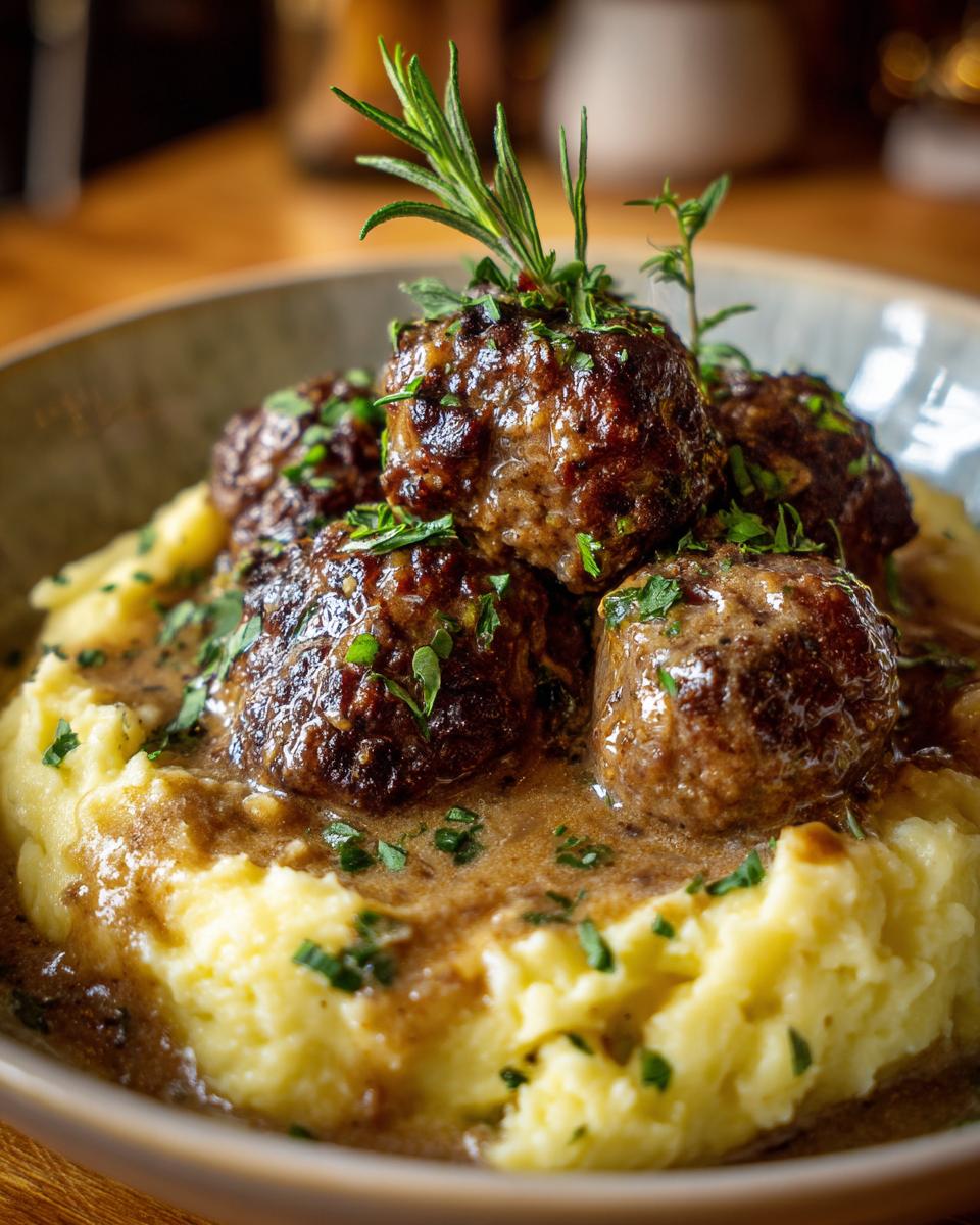 Close-up of Salisbury steak meatballs in gravy served over creamy garlic herb mashed potatoes, garnished with rosemary.