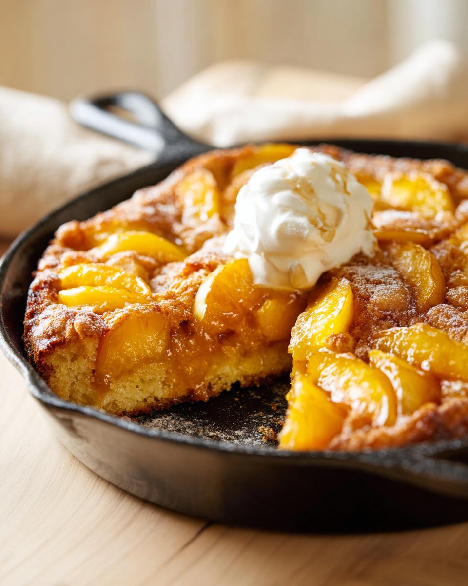 A slice of skillet cake topped with soft summer fruit and a dollop of ice cream, served in a cast iron pan.