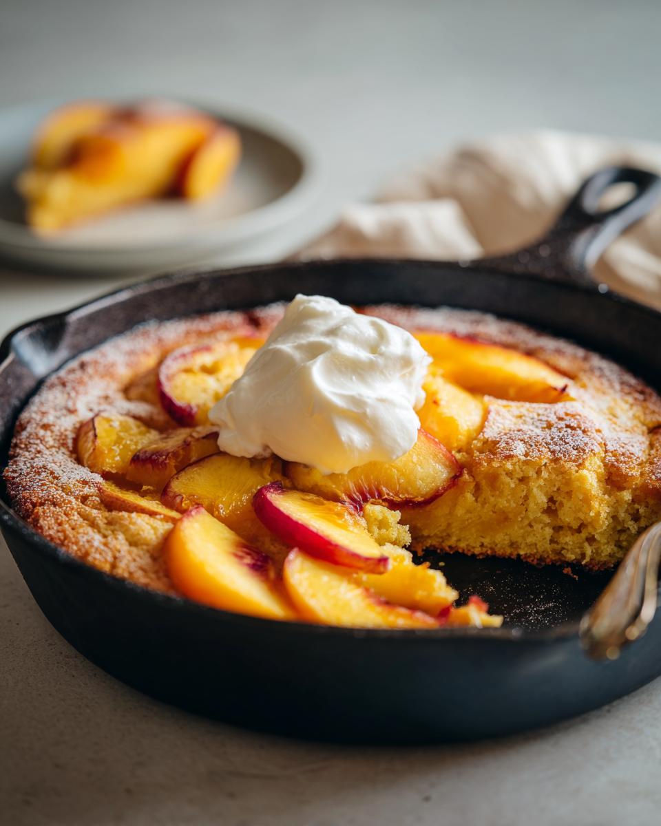 Close-up of a skillet peach cake topped with whipped cream and sliced fresh peaches.