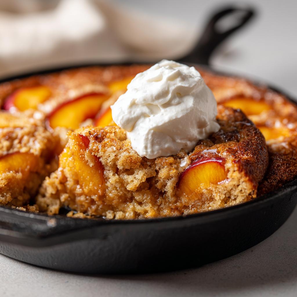 A slice of skillet peach cake topped with whipped cream, showcasing soft summer fruit.