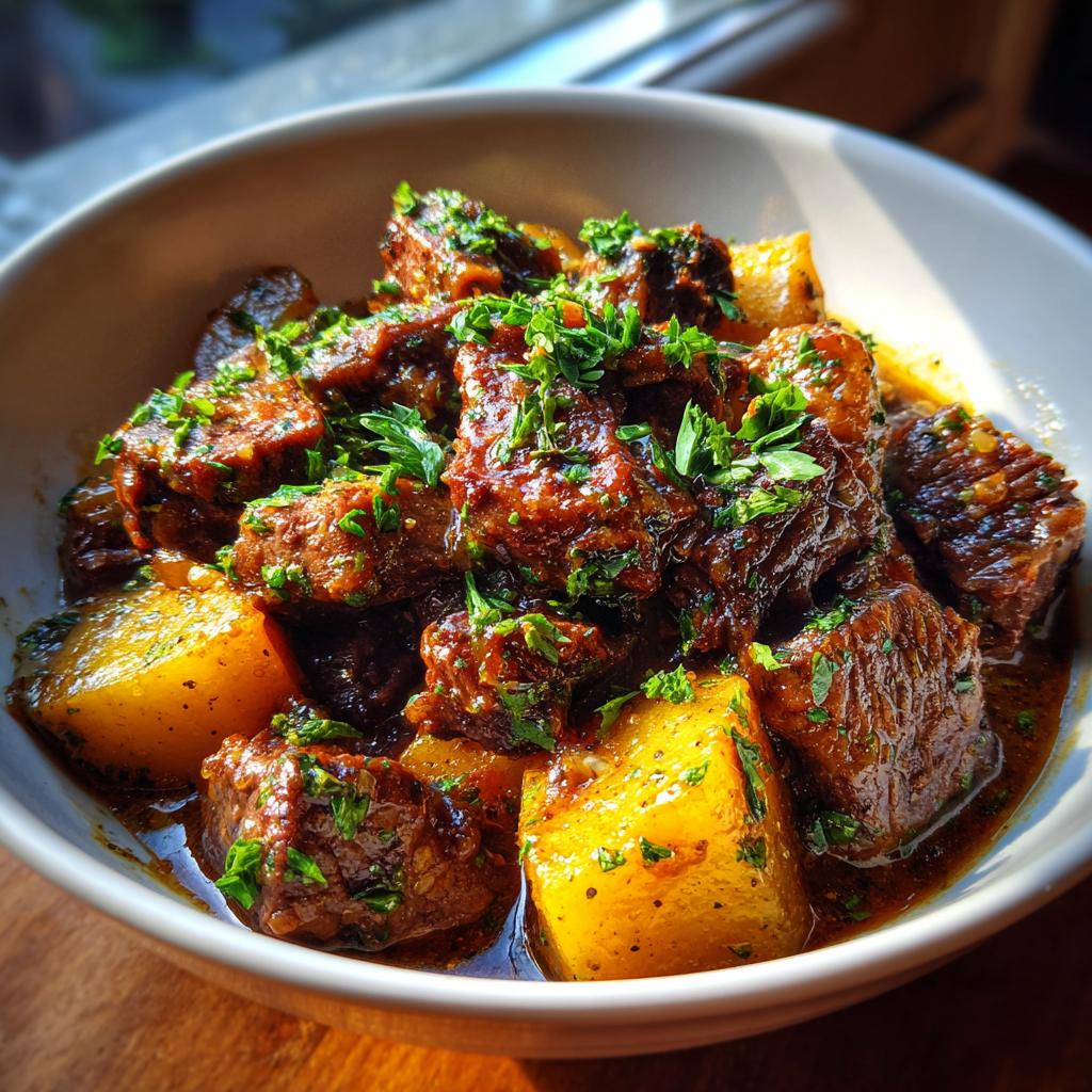 A bowl of tender Slow Cooker Garlic Butter Beef with Potatoes, garnished with fresh parsley.
