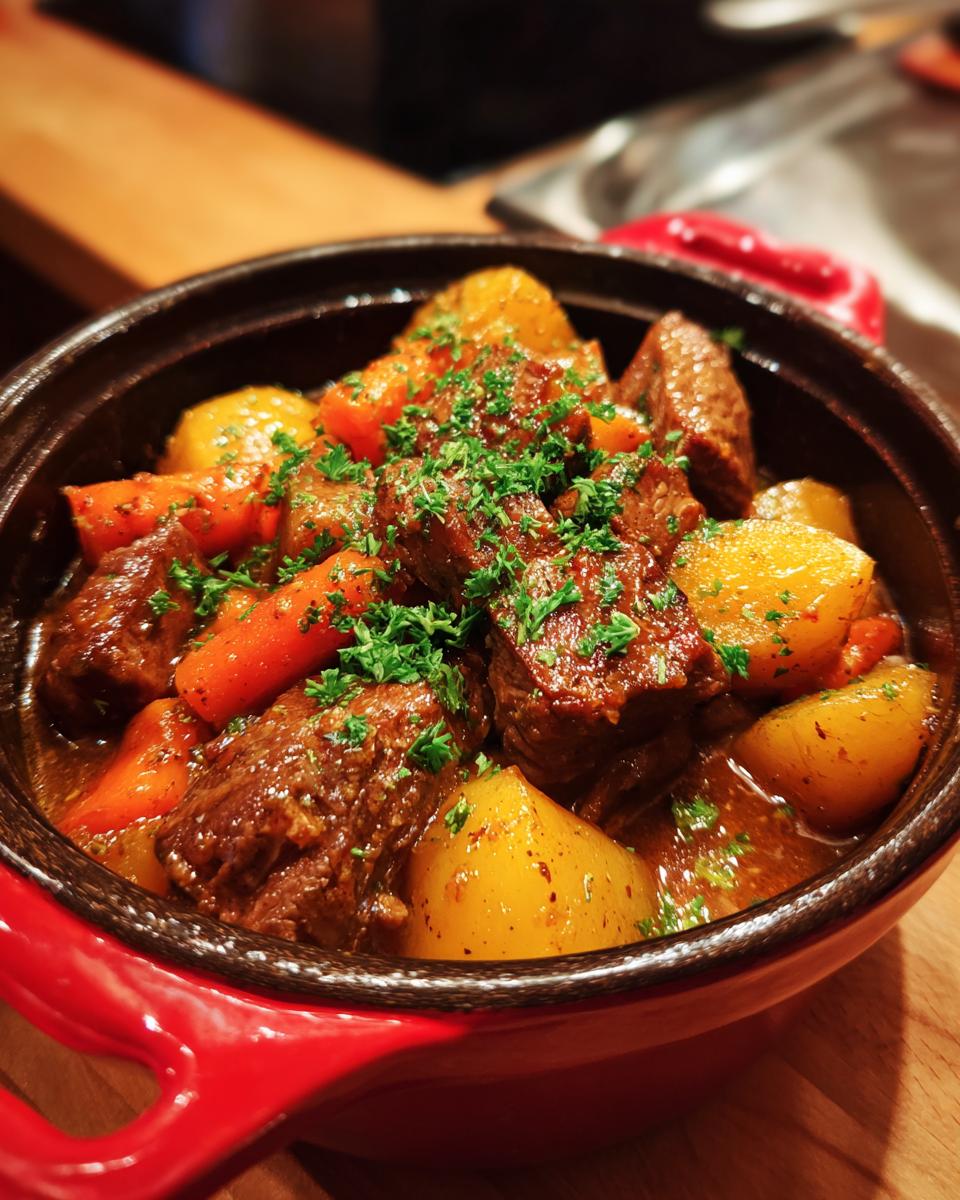 A close-up of Slow Cooker Garlic Butter Beef with Potatoes, garnished with fresh parsley, served in a red pot.