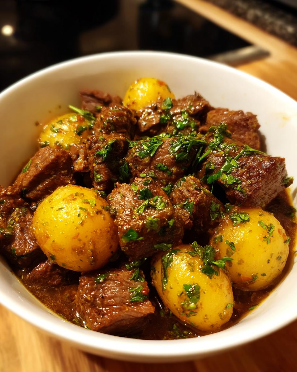 A bowl of tender slow cooker garlic butter beef with potatoes, garnished with fresh parsley.