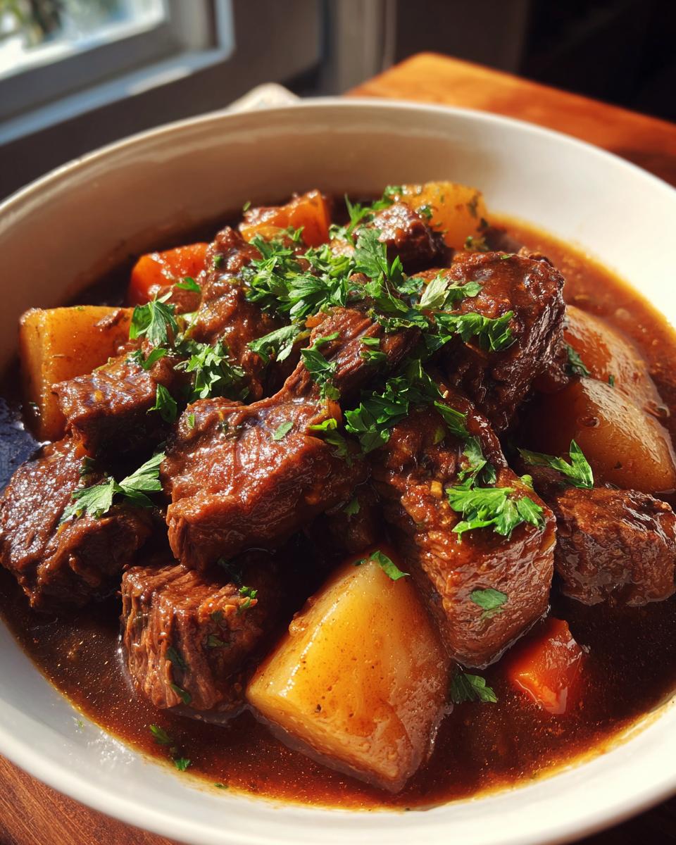 A bowl of tender Slow Cooker Garlic Butter Beef with Potatoes, garnished with fresh parsley.