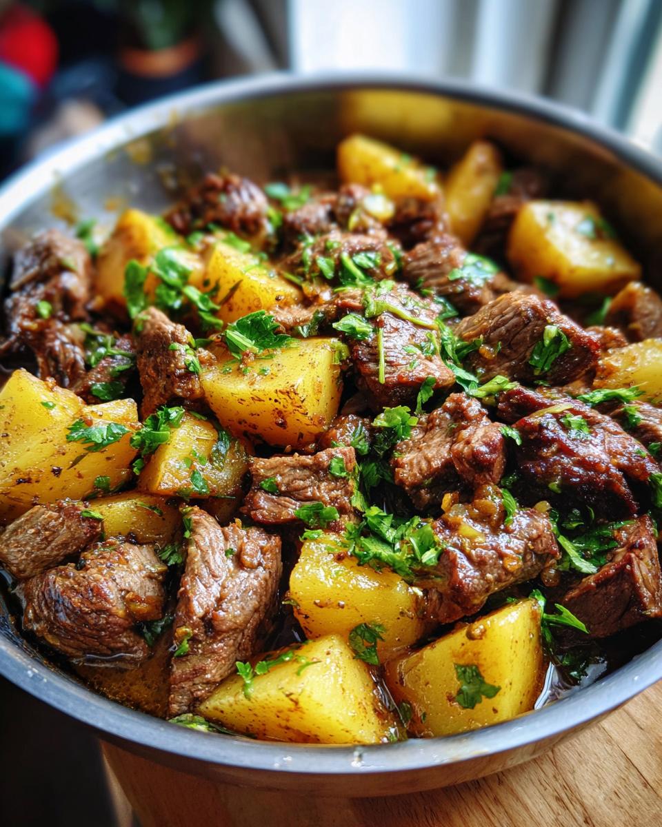 A close-up of tender Slow Cooker Garlic Butter Beef with Potatoes, garnished with fresh parsley.