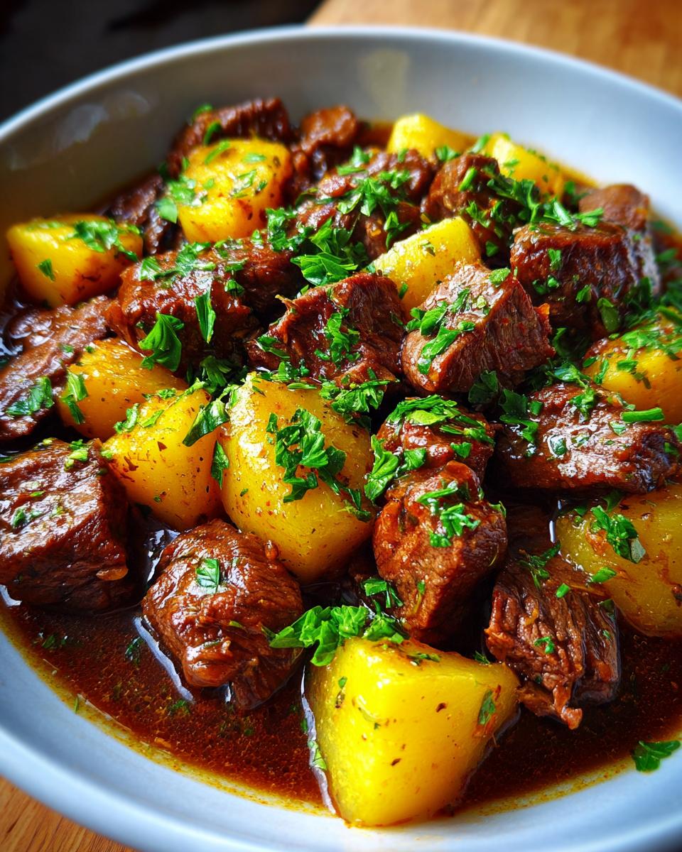 Close-up of tender chunks of Slow Cooker Garlic Butter Beef with Potatoes, garnished with fresh parsley.