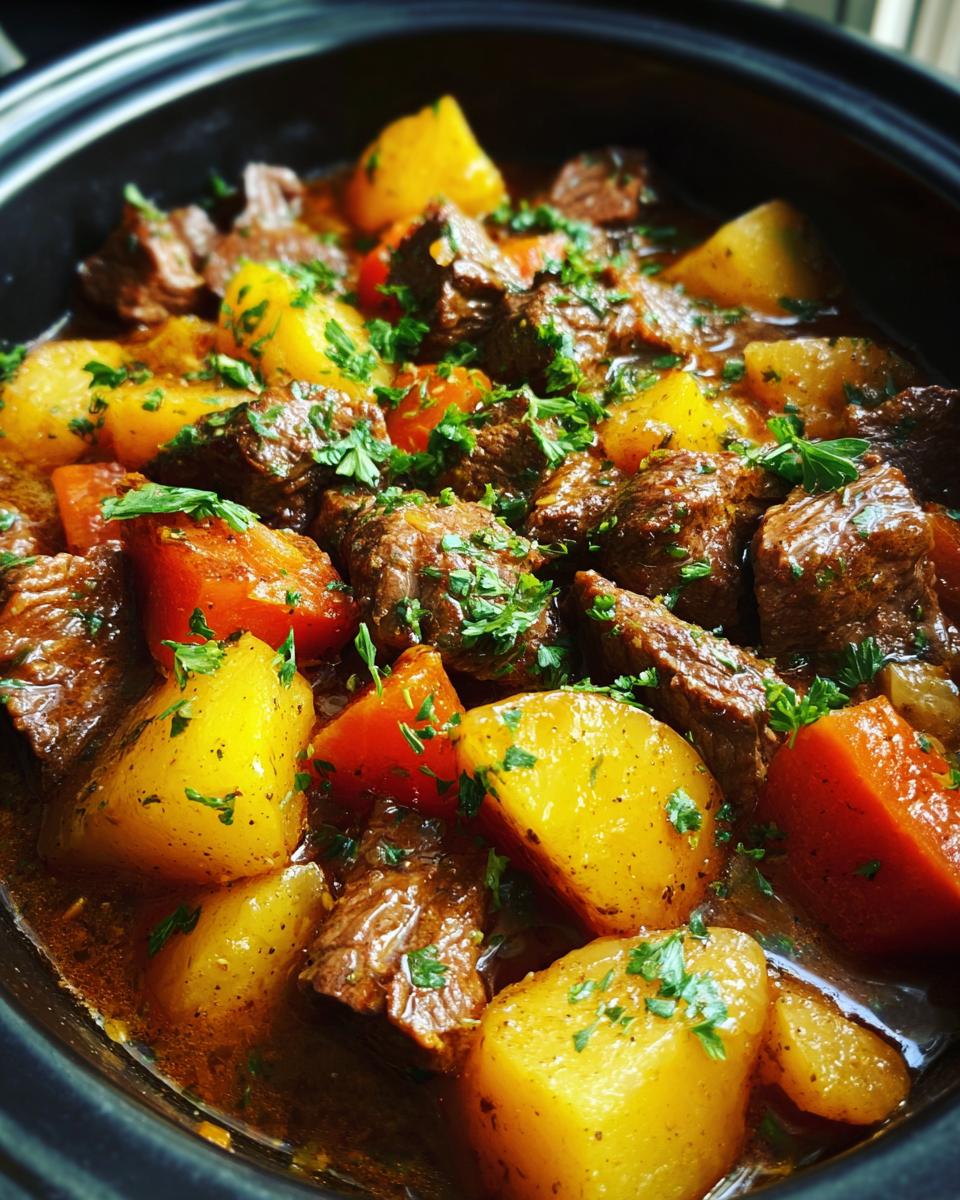 Close-up of tender slow cooker garlic butter beef with potatoes and carrots, garnished with fresh parsley.