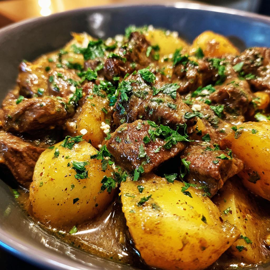 A close-up of tender Slow Cooker Garlic Butter Beef with Potatoes, garnished with fresh parsley.