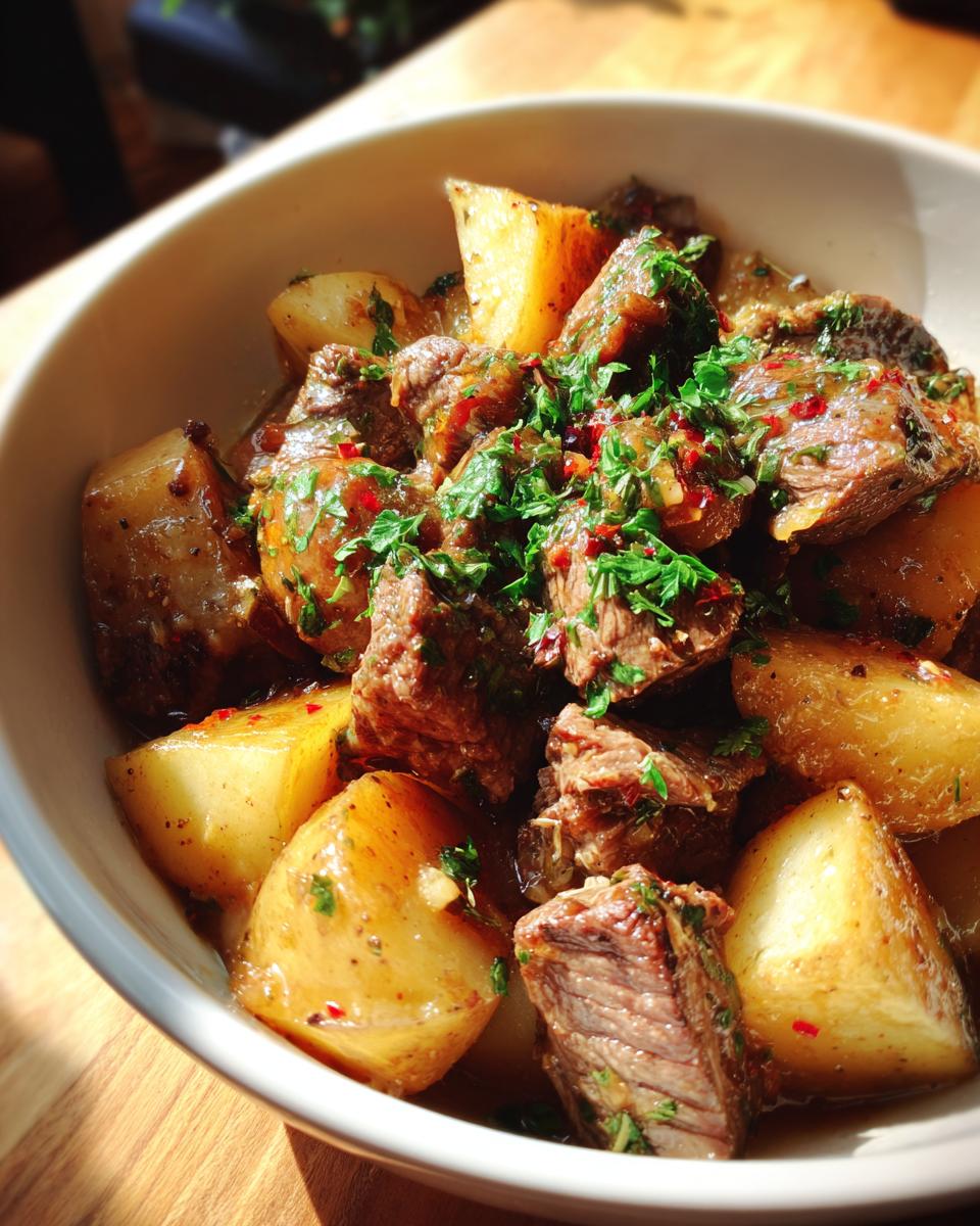 A bowl of tender Slow Cooker Garlic Butter Beef with Potatoes, garnished with fresh parsley and red pepper flakes.