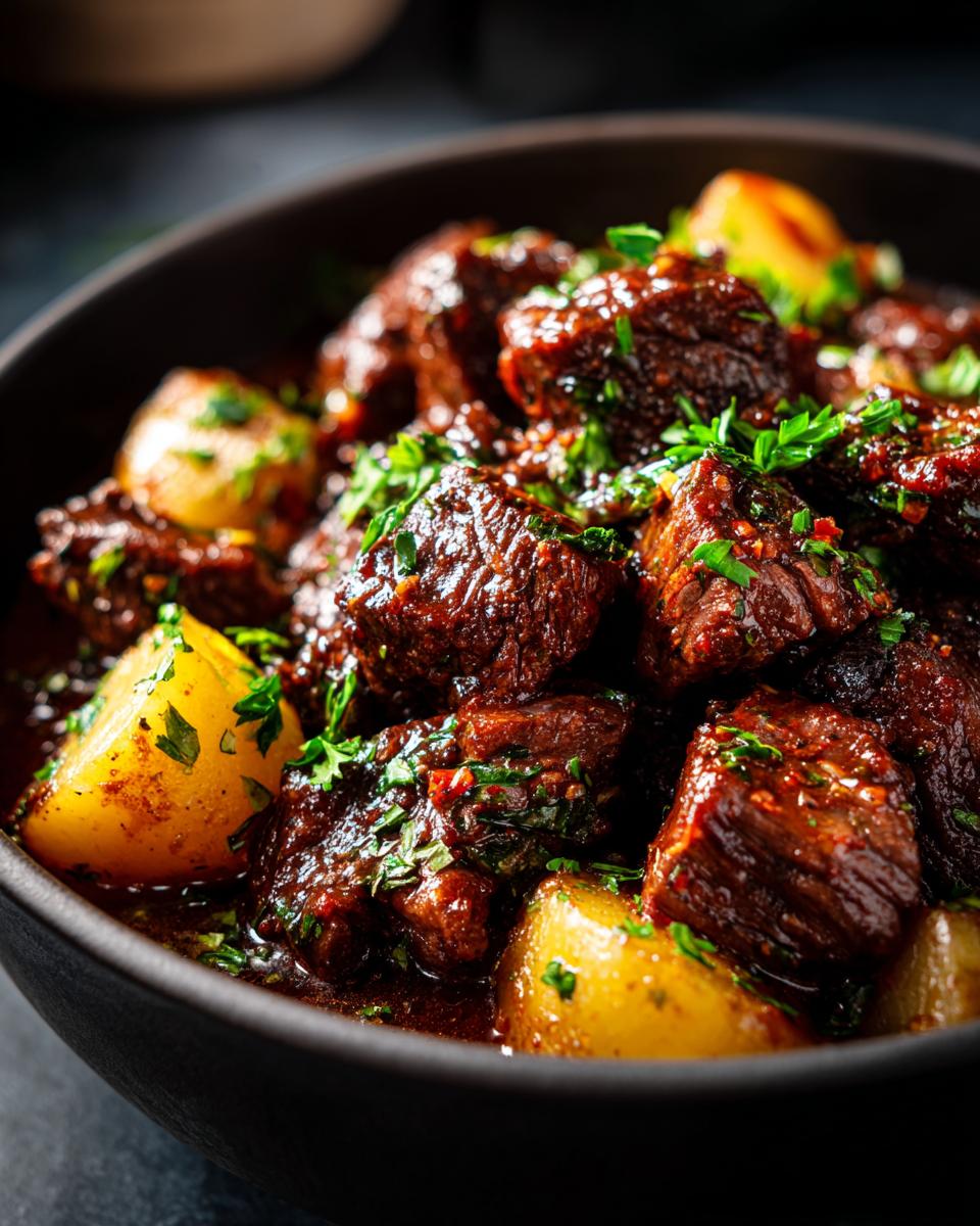 Close-up of tender Slow Cooker Garlic Butter Beef with Potatoes, garnished with fresh parsley.
