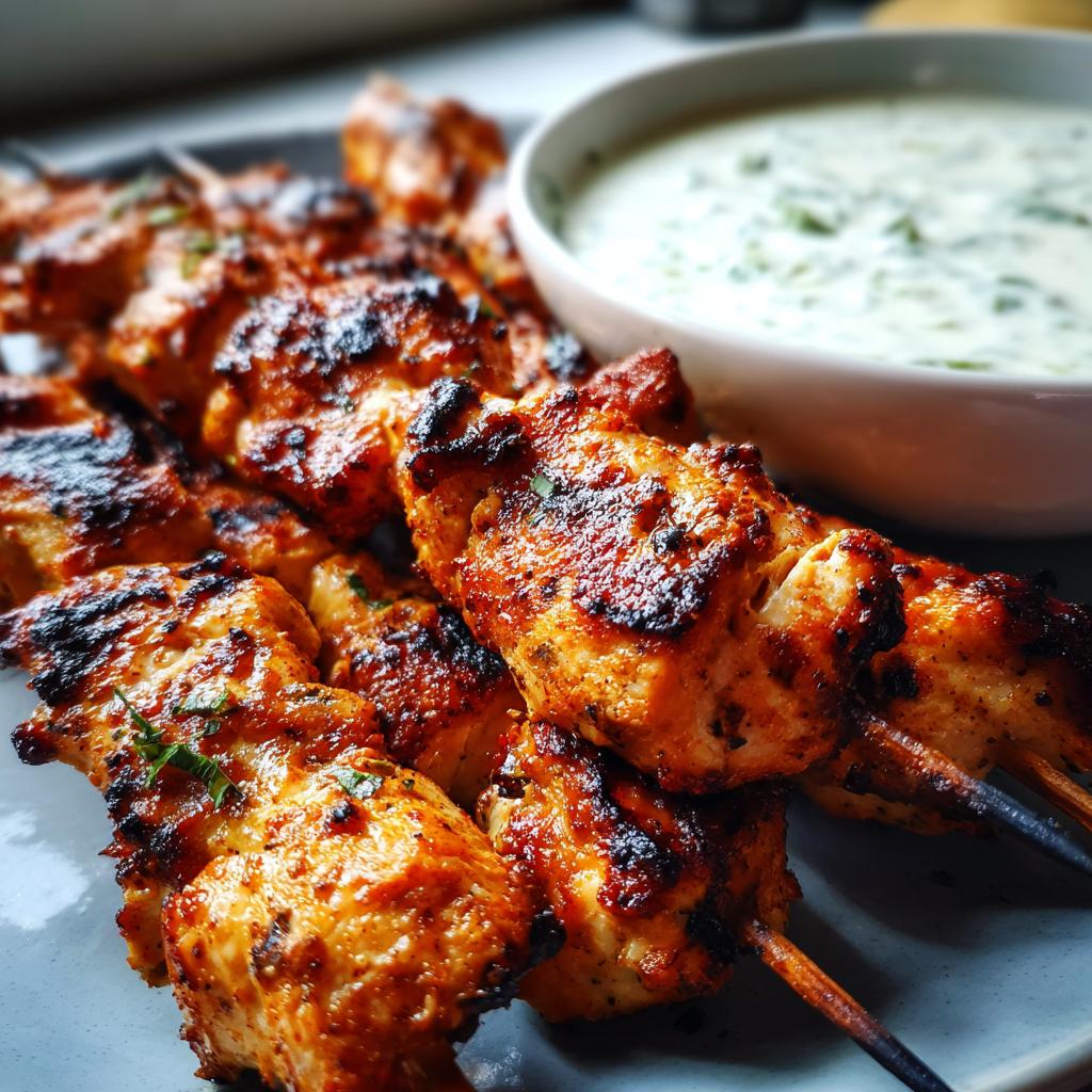 Close-up of perfectly grilled smoky chicken skewers served with a bowl of creamy garlic yogurt dip.