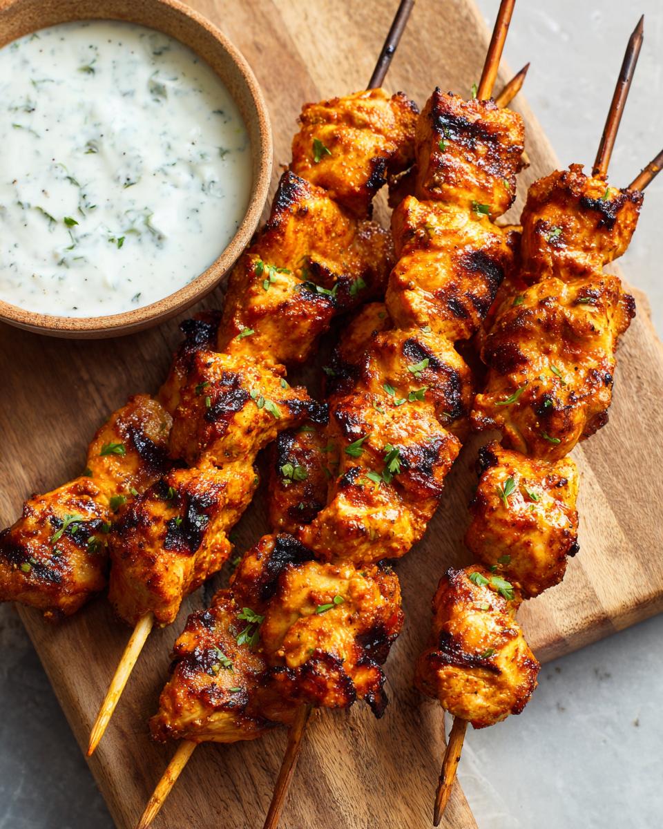 Close-up of smoky chicken skewers with grill marks, served with a bowl of garlic yogurt dip.