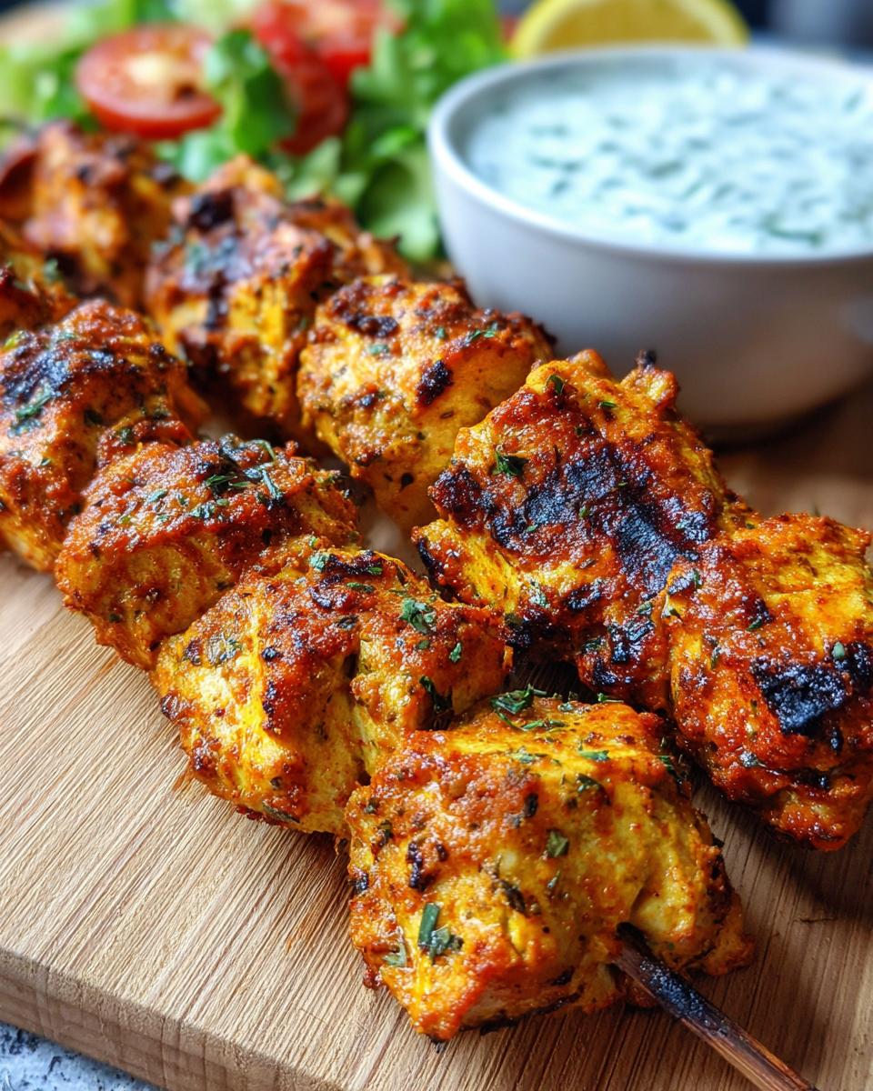 Close-up of perfectly grilled smoky chicken skewers served with a side of garlic yogurt and a fresh salad.