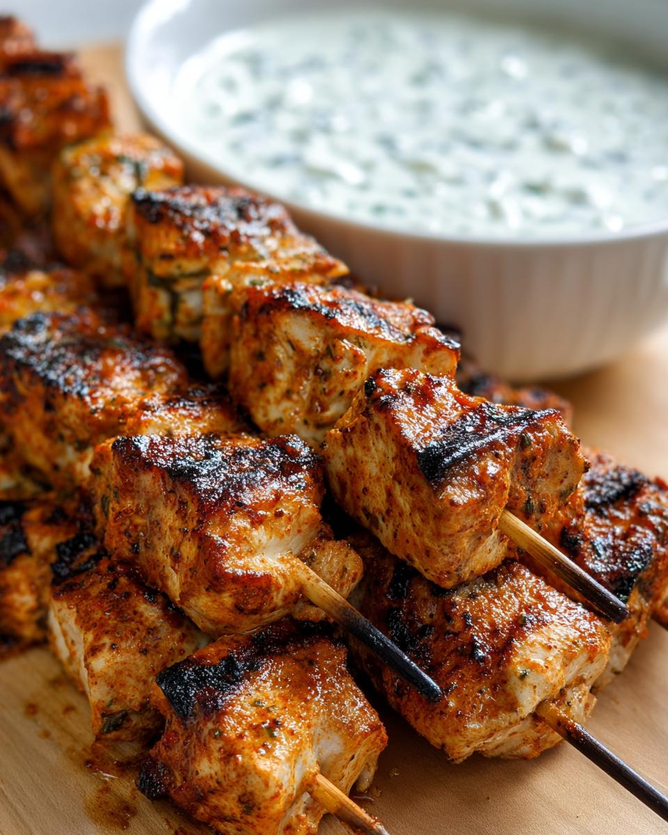 Close-up of perfectly grilled smoky chicken skewers served with a side of creamy garlic yogurt dip.