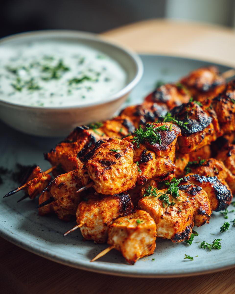 Close-up of smoky chicken skewers grilled to perfection, served with a side of garlic yogurt dip.