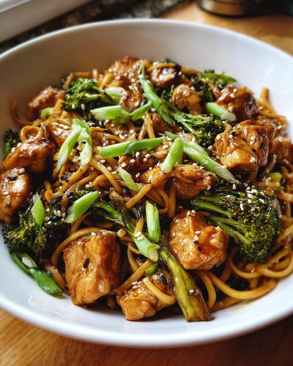 A bowl of Spicy Garlic Chicken and Broccoli Noodles, garnished with sesame seeds and green onions.
