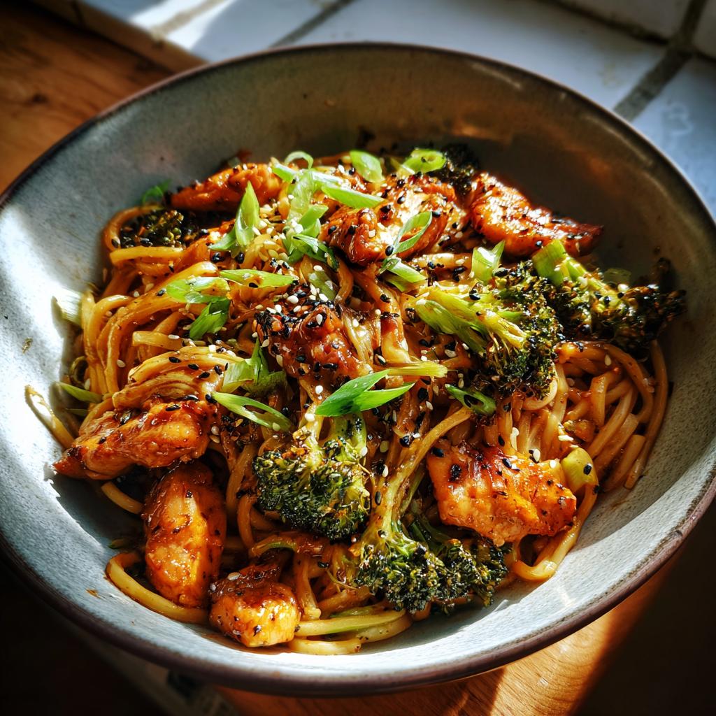 A close-up of a bowl filled with Spicy Garlic Chicken and Broccoli Noodle Bowls, garnished with sesame seeds and green onions.