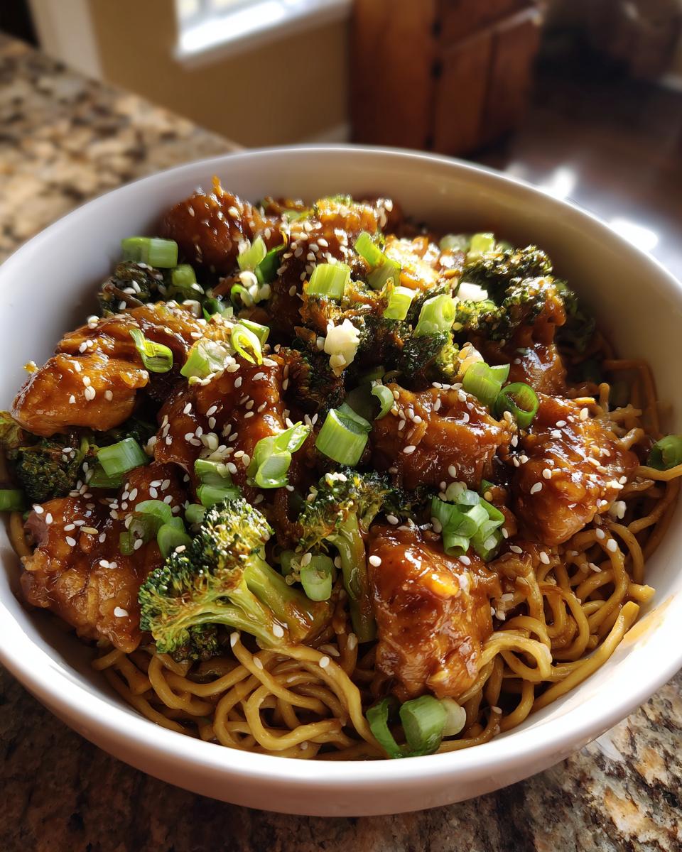 A bowl of Spicy Garlic Chicken and Broccoli Noodle Bowls topped with sesame seeds and green onions.