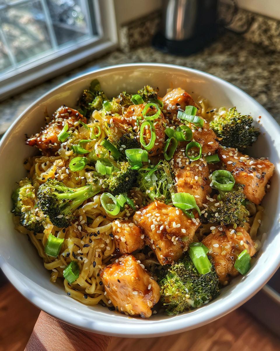 A close-up of a bowl filled with Spicy Garlic Chicken and Broccoli Noodle Bowls, topped with sesame seeds and green onions.
