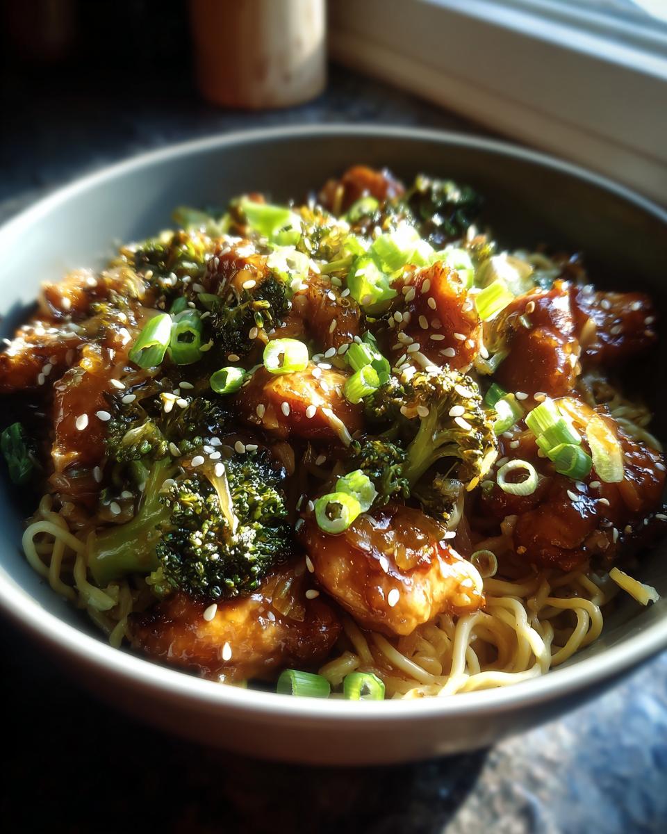 A close-up of a bowl filled with Spicy Garlic Chicken and Broccoli Noodle Bowls, topped with sesame seeds and green onions.