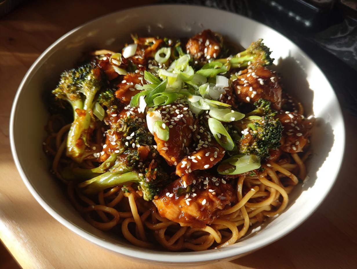Amazing Spicy Garlic Chicken & Broccoli Noodle Bowls