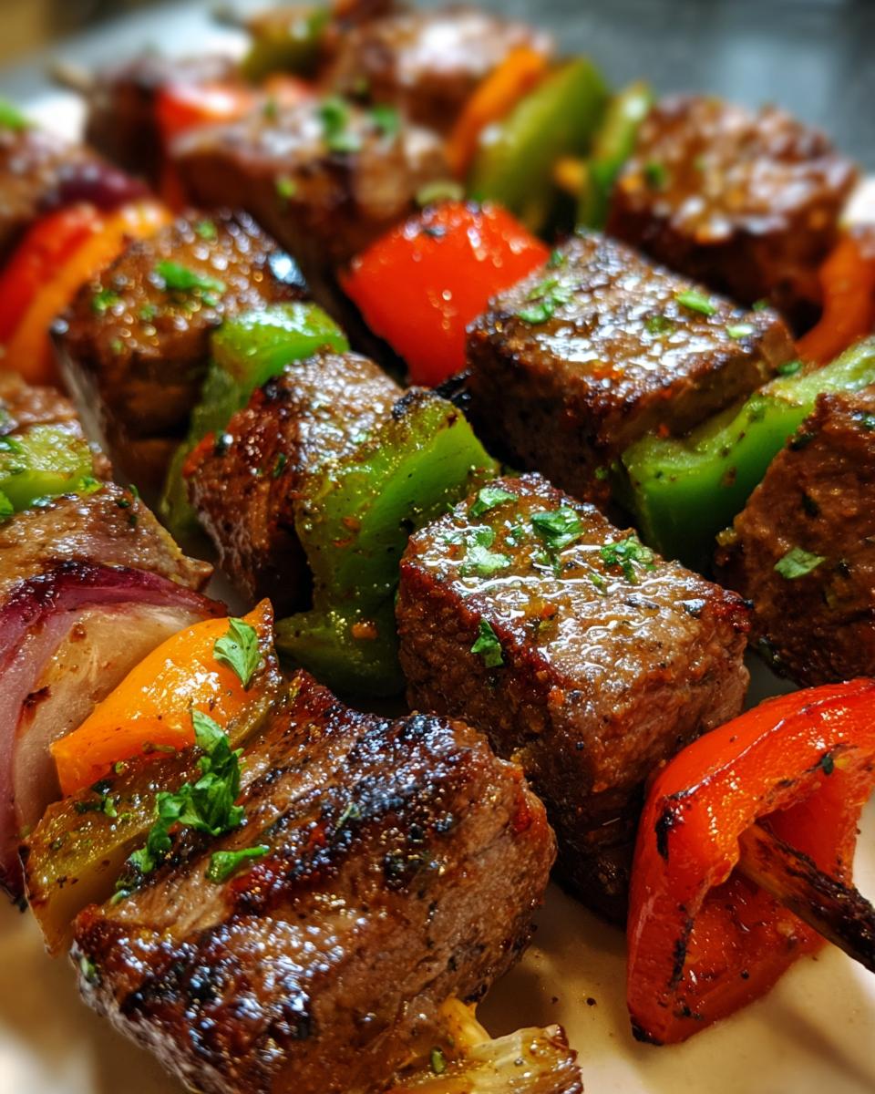 Close-up of grilled steak kabobs with chunks of juicy steak, green bell peppers, red bell peppers, and red onion.