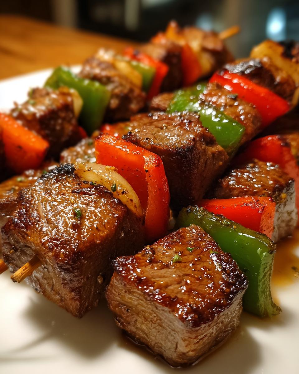 Close-up of grilled steak kabobs with chunks of juicy steak, red and green bell peppers, and onions.
