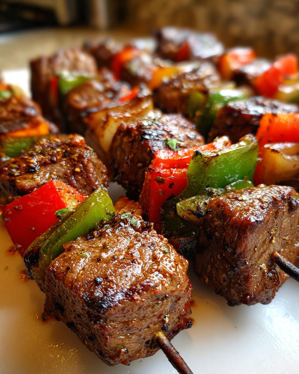 Close-up of grilled steak kabobs with red and green bell peppers and onions, seasoned and juicy.