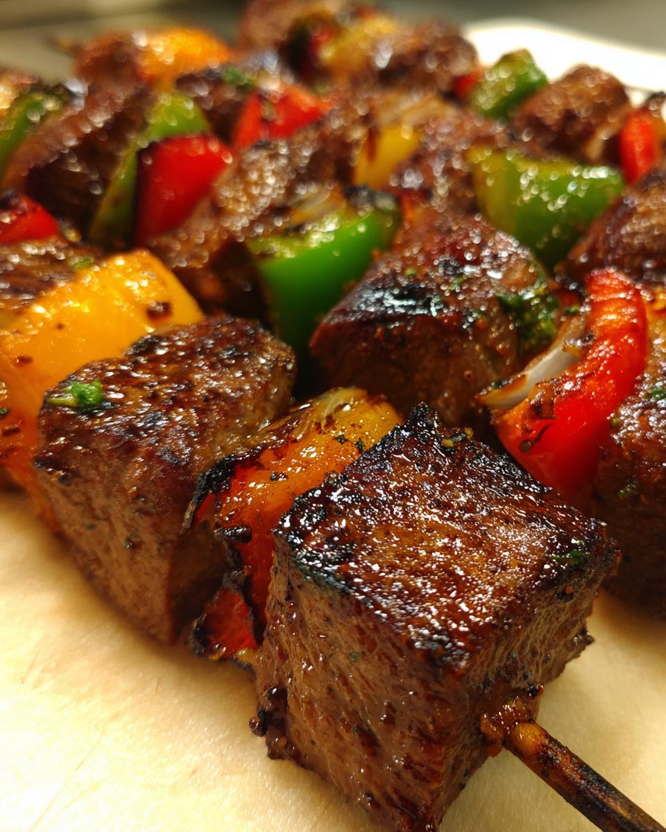 Close-up of grilled steak kabobs with colorful bell peppers (red, green, yellow) and onions.