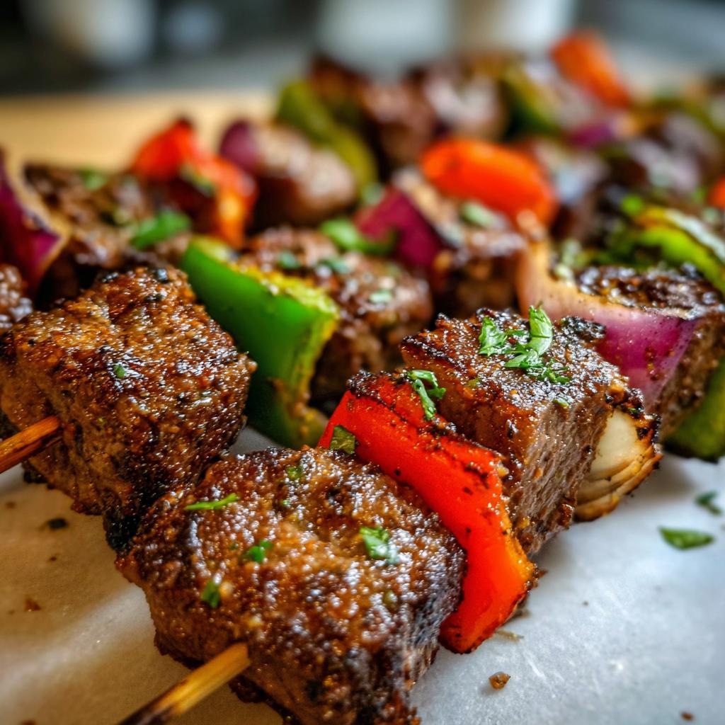Close-up of juicy steak kabobs with colorful bell peppers and red onions, seasoned and grilled to perfection.