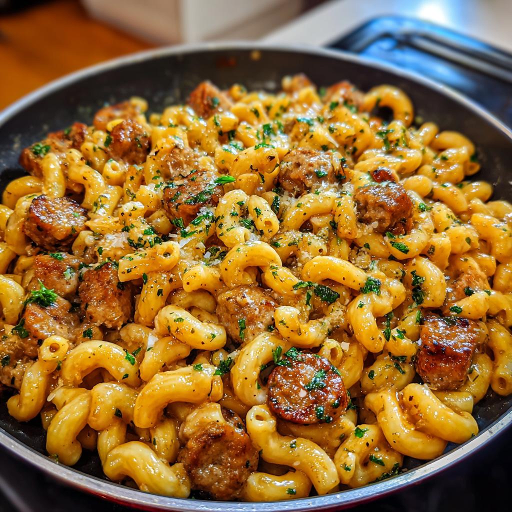 A close-up of a skillet filled with Sticky Honey Garlic Sausage Pasta, garnished with parsley and cheese.