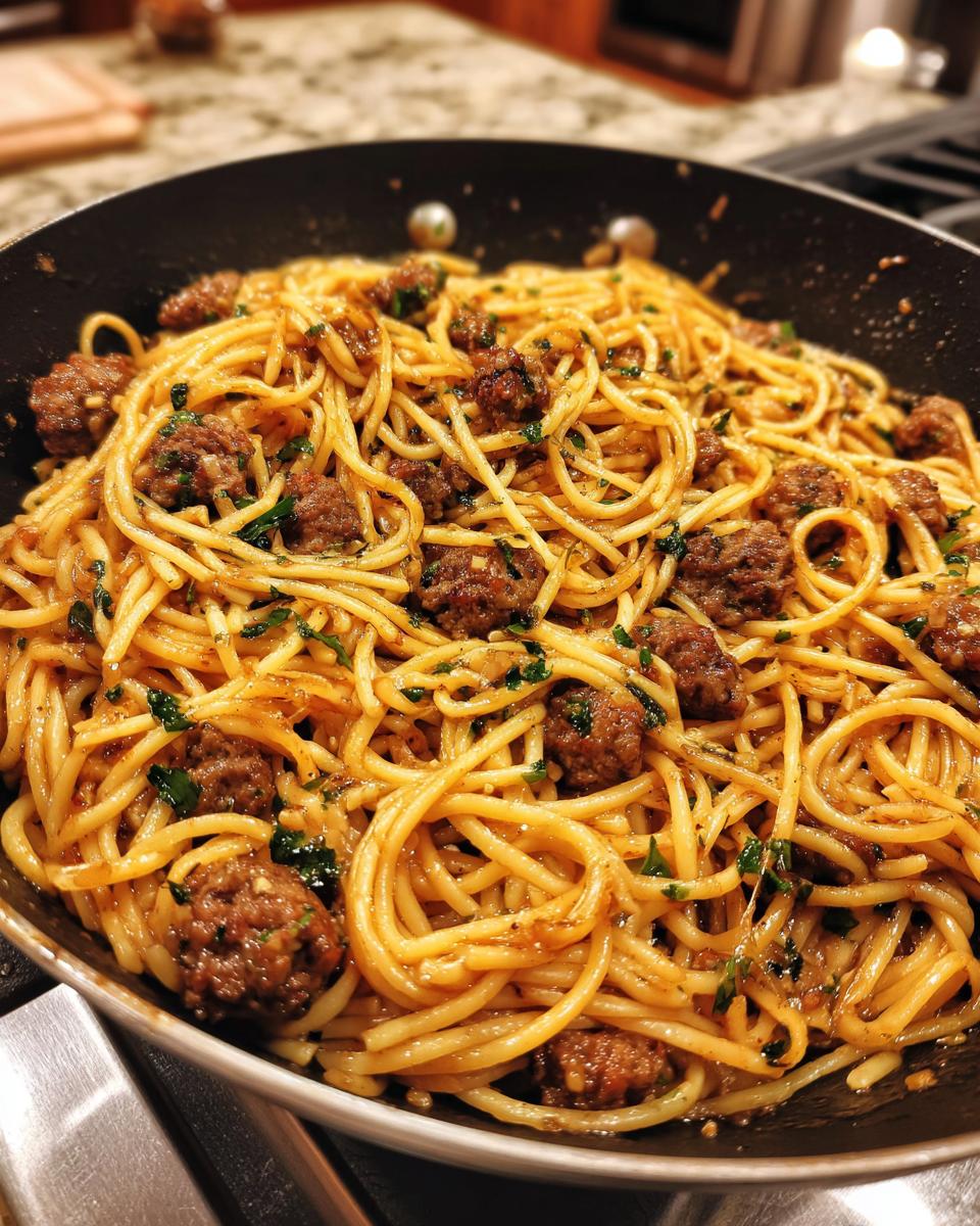 Close-up of a skillet filled with Sticky Honey Garlic Sausage Pasta, featuring spaghetti and sausage bites.