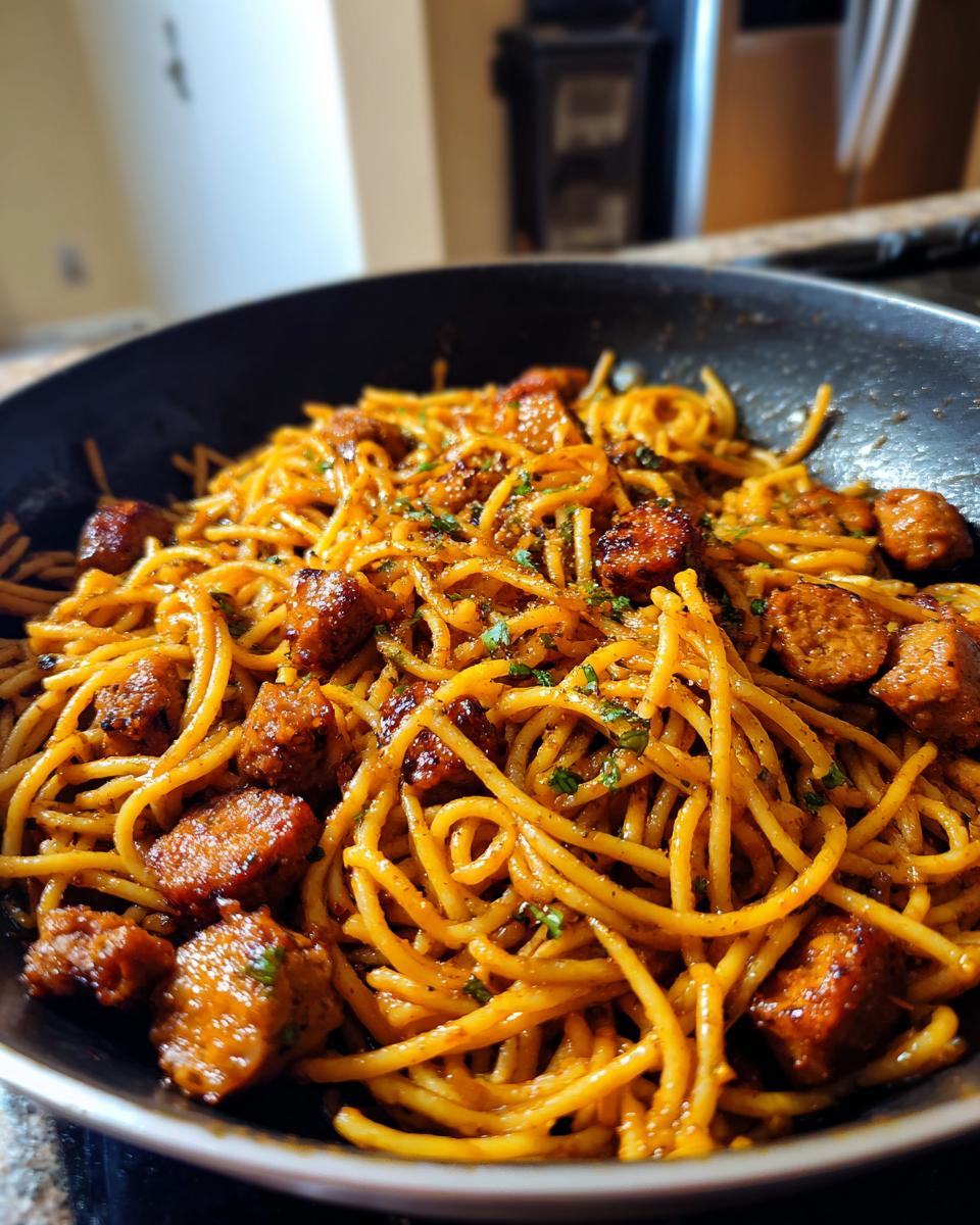 Close-up of a skillet filled with sticky honey garlic sausage pasta, garnished with herbs.