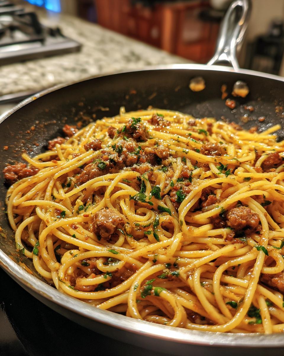 A close-up of a skillet filled with Sticky Honey Garlic Sausage Pasta, garnished with parsley and cheese.