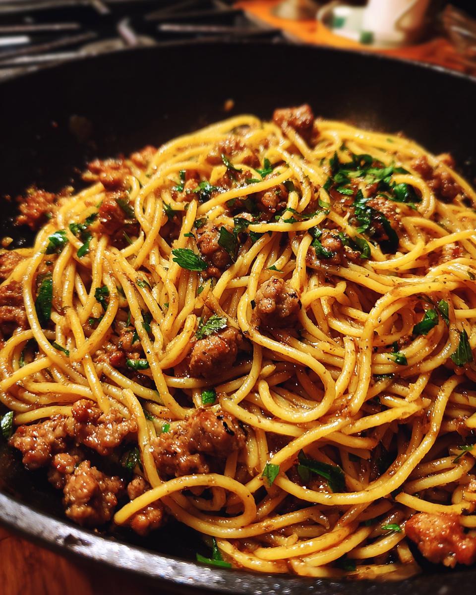 Close-up of a skillet filled with Sticky Honey Garlic Sausage Pasta, garnished with fresh parsley.